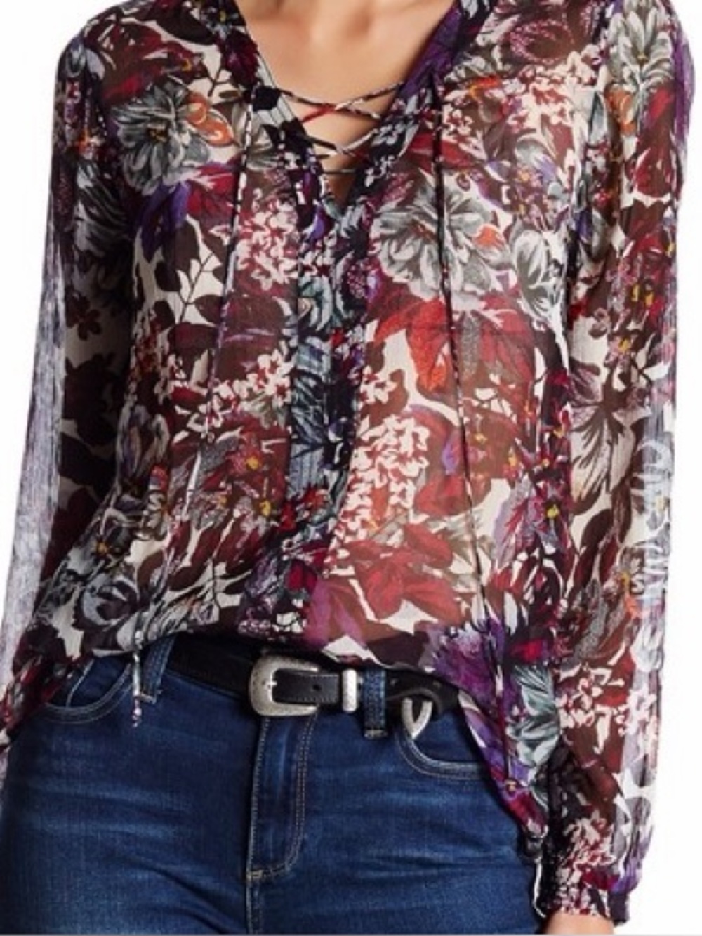 Sheer Floral Lace-Up Long Sleeve Blouse Top Whimsigoth Witchy Fall | Size Medium